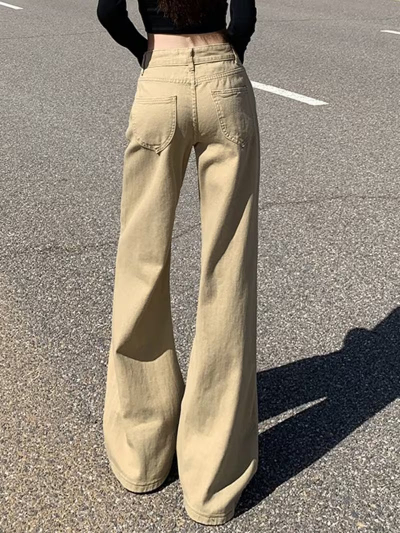 Women'S Khaki Slightly Flared Denim Pants, Spring & Summer New, American Retro Low Waist Loose Slim-Fit Non-Clinging Floor-Length Bell Bottoms