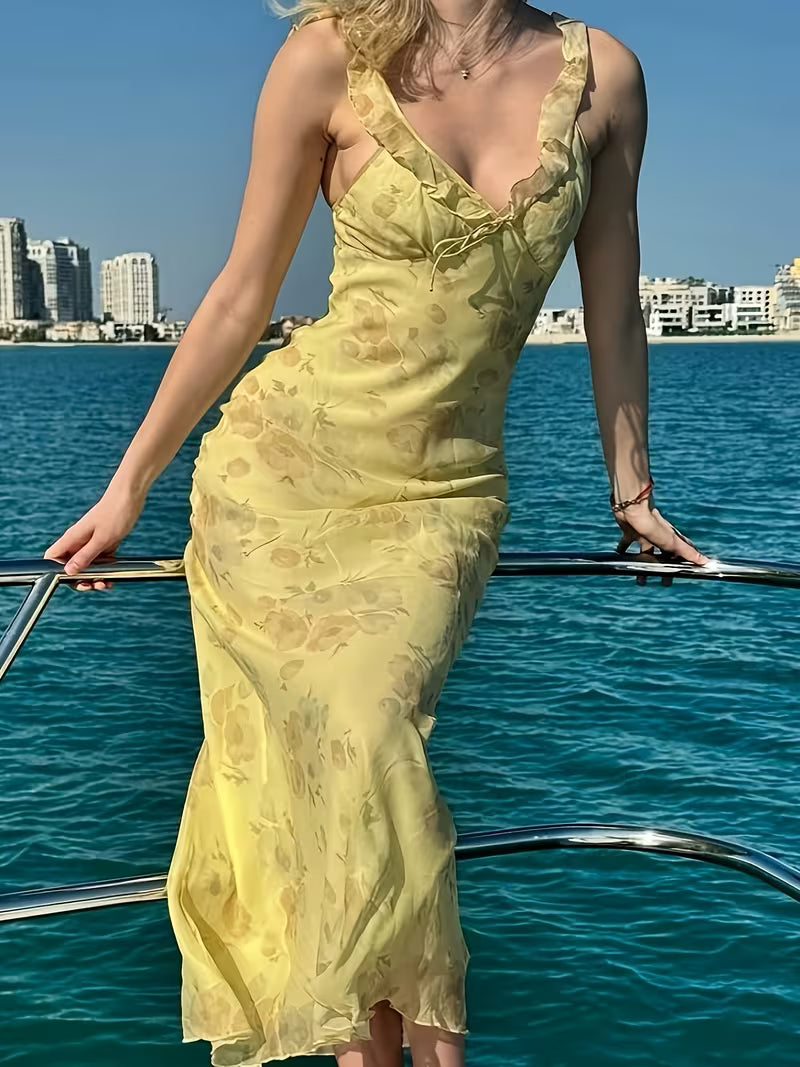 European and American 2026 Spring/Summer New Women's Sexy Low-Cut Hot Vacation Style Vintage Print Slim-Fit Camisole Dress