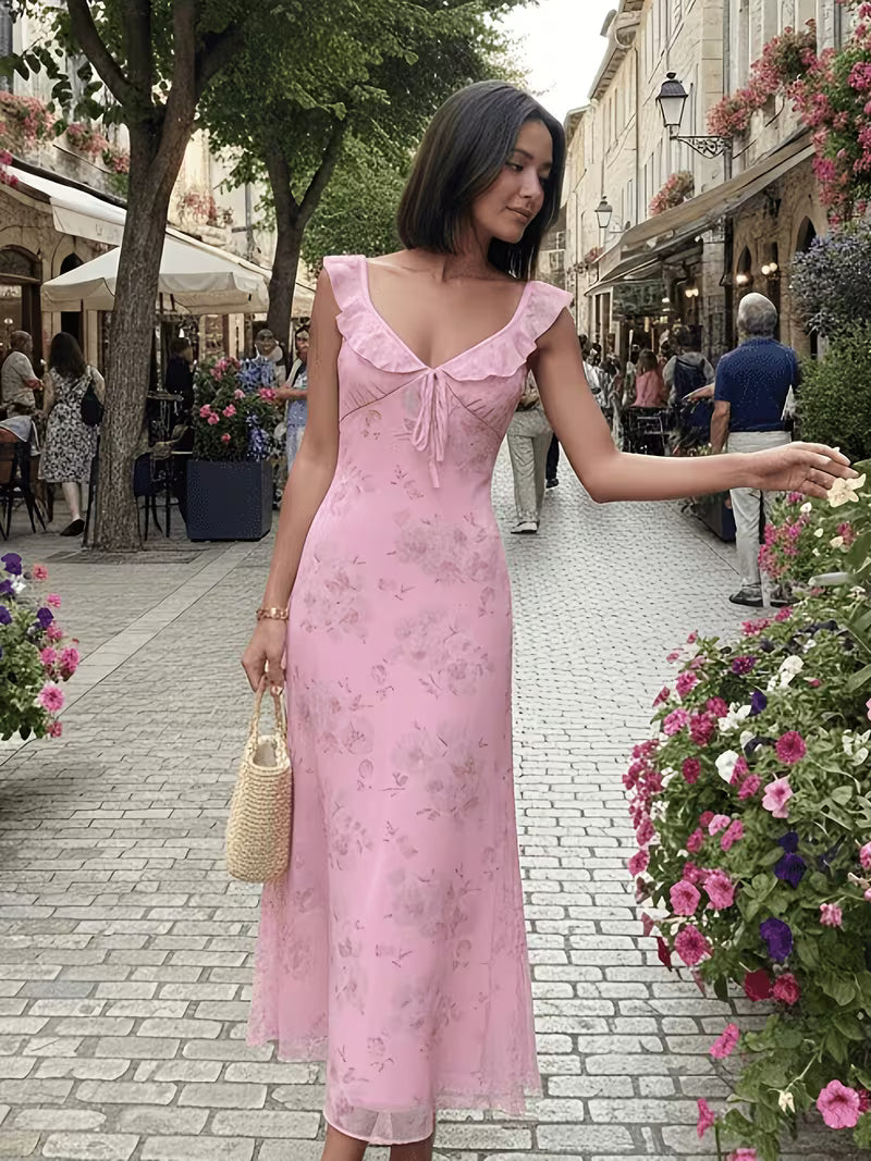 European and American 2026 Spring/Summer New Women's Sexy Low-Cut Hot Vacation Style Vintage Print Slim-Fit Camisole Dress