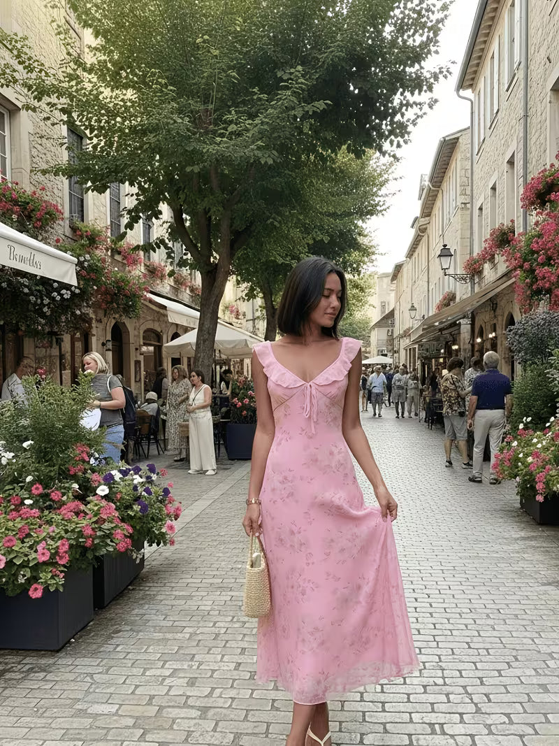 European and American 2026 Spring/Summer New Women's Sexy Low-Cut Hot Vacation Style Vintage Print Slim-Fit Camisole Dress