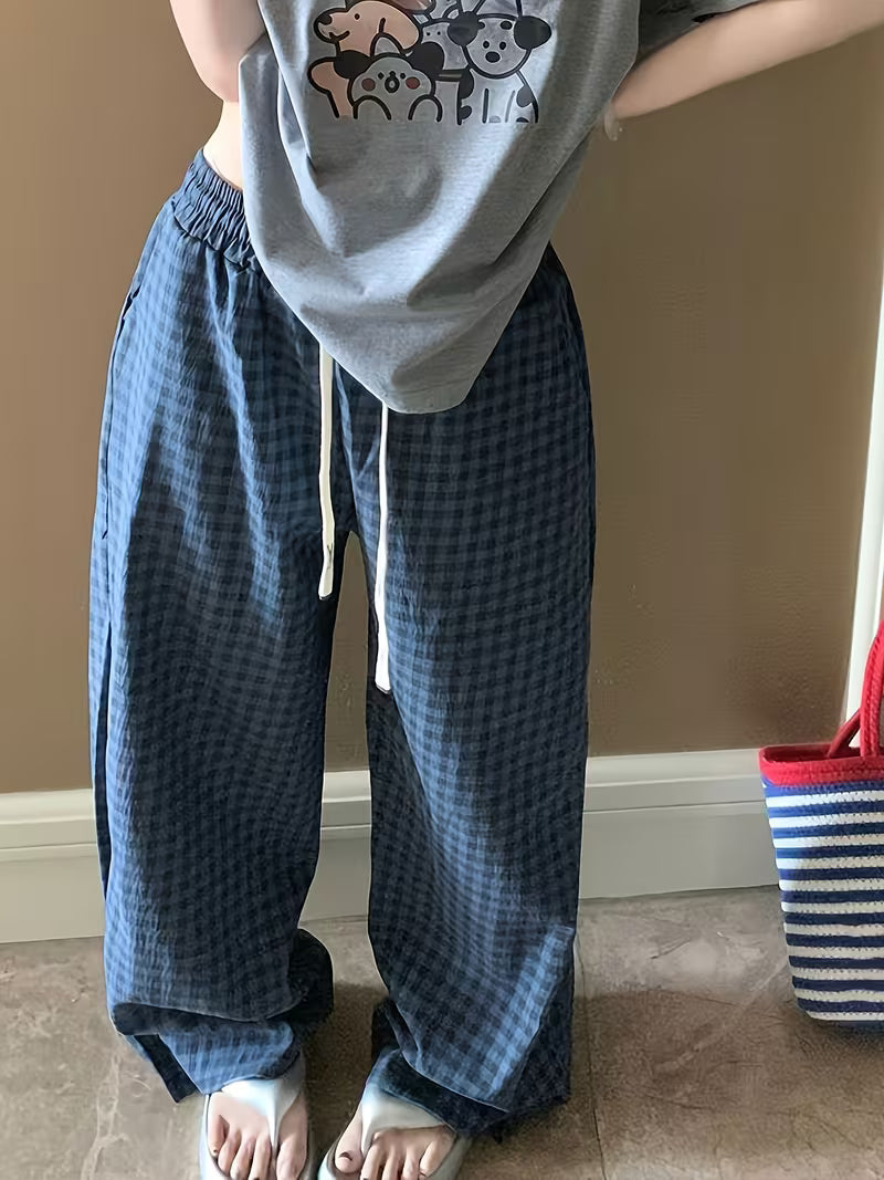 New Spring/Autumn Thin Plaid Pajama Pants, High-End Wide-Leg Design for Outer Wear or Lounging