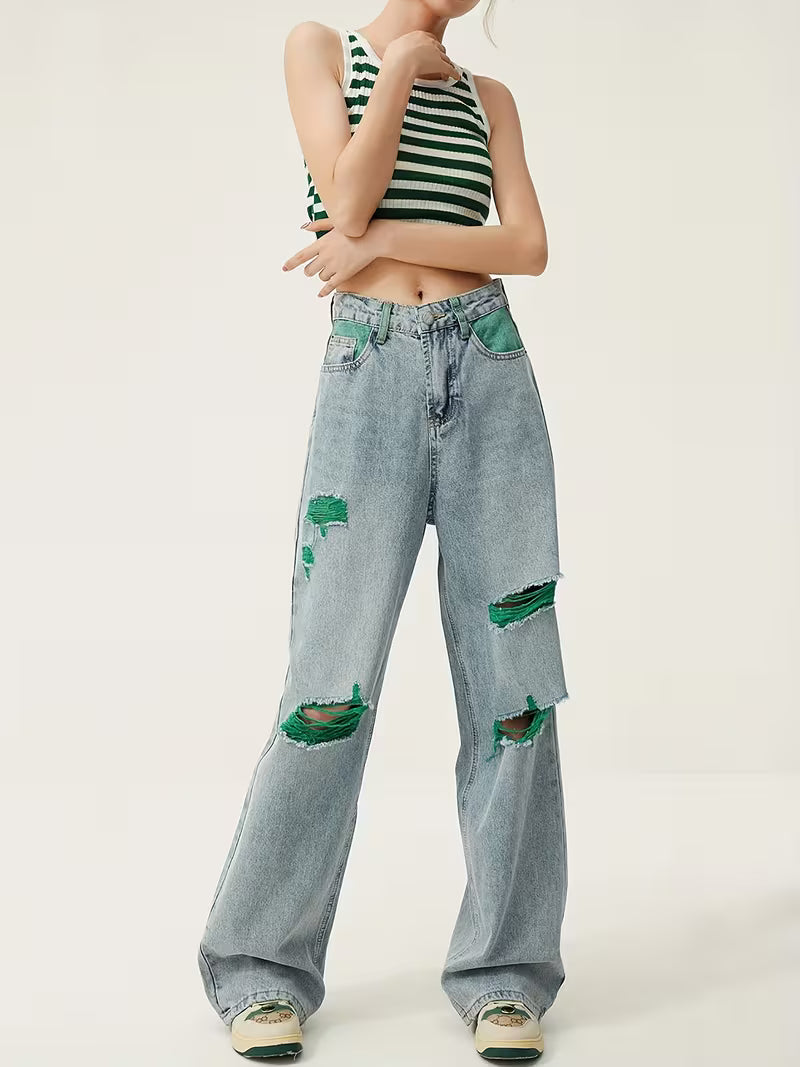 Vintage Straight-Leg Jeans for Women, Featuring Distressed Green Long Pants with Holes, a Half-Elastic Waistband, Embodying Street Style