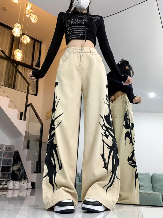 Apricot-colored Printed Pants for Women, New Vintage Straight-leg Jeans, Loose and, Versatile, Street Hip-hop Wide-leg Pants