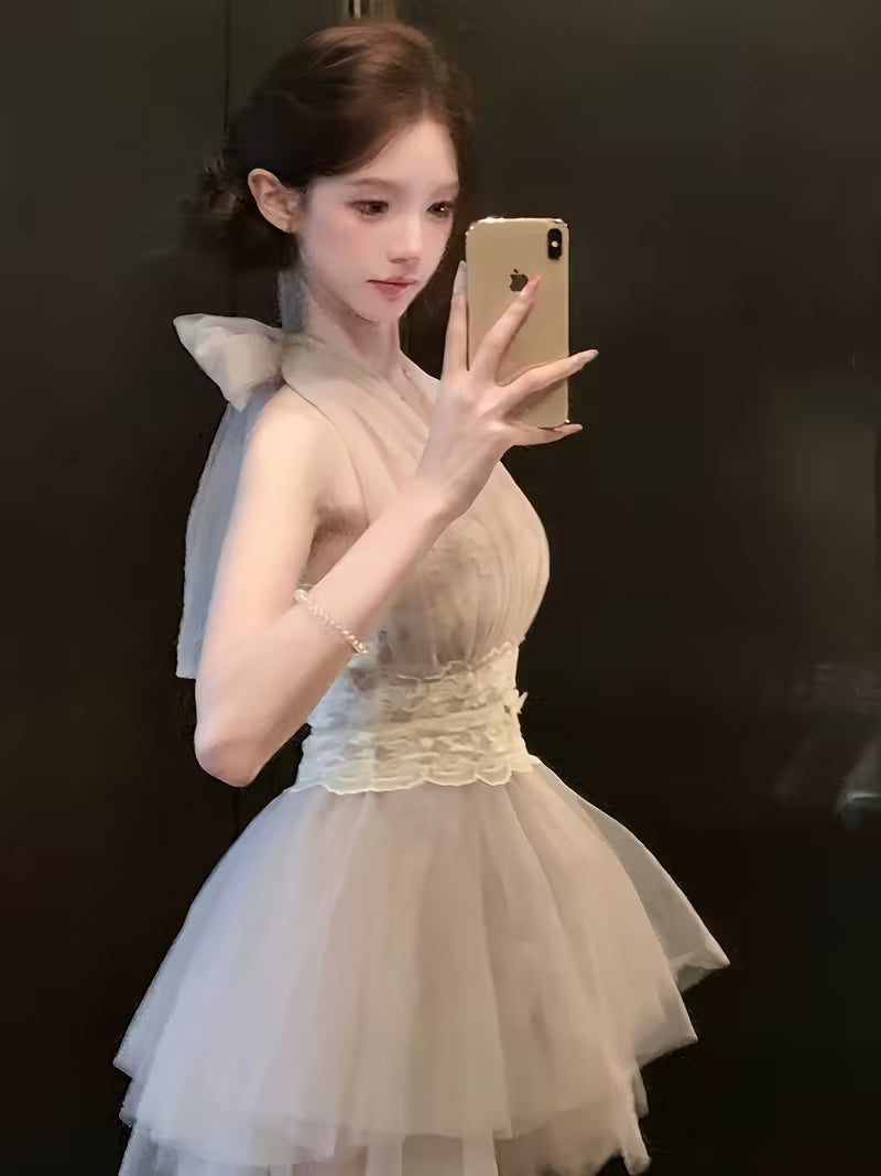 Summer New Lace Hanging Neck Fairy Gauze Skirt Slim Purple Design Super Fairy Dress