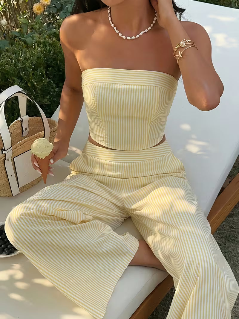 Yellow Striped Bandeau Top and High-Waist Leggings Set, Fashionable and Versatile Street Style Vacation Outfit
