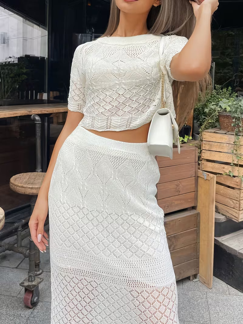 Women'S Short-Sleeved High-Waisted Hip-Hugging Slim-Fit Temperament Gentle Sweet Skirt Two-Piece Set