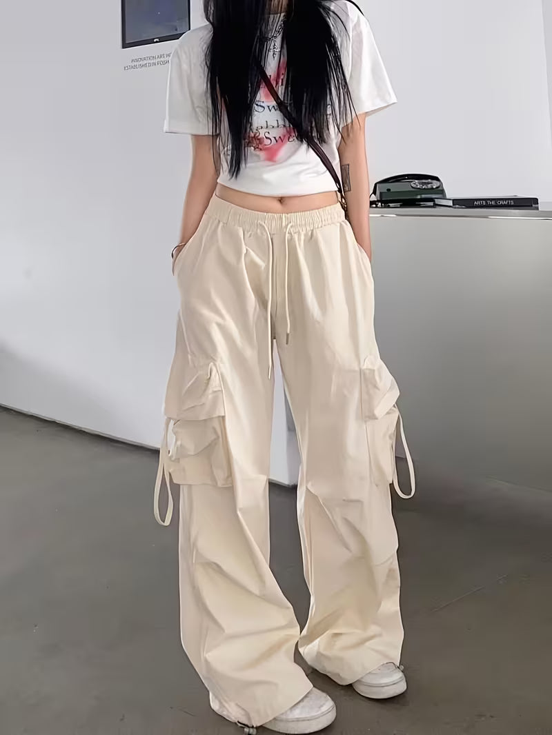 American Vintage Hot Work Pants for Women, Summer Lightweight Loose Street Dance Hip-Hop Trend Wide-Leg Pants