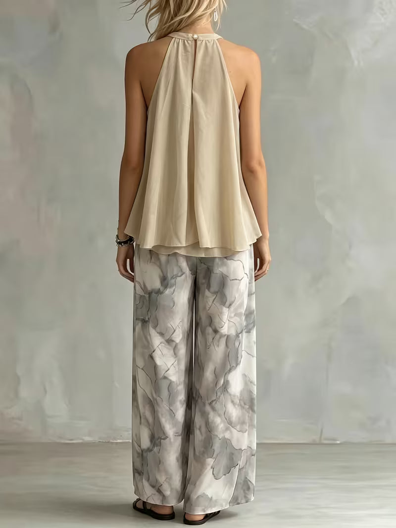 Casual Chiffon Urban Deep Sea Blue Cami Top with Printed Wide-Leg Pants Women's 2pcs Set