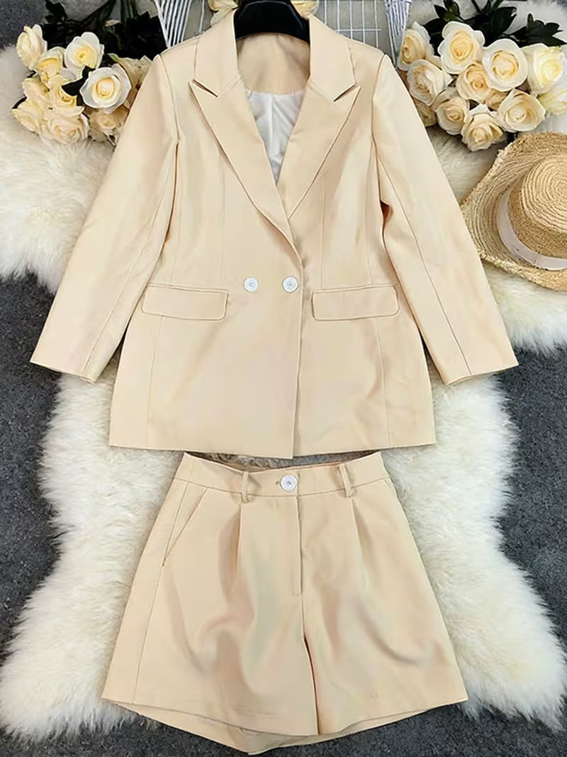 Women'S Beige Blazer And Shorts Suit Set, Long Sleeve Tailored Jacket Two-Piece Outfit for Spring Casual Office Wear