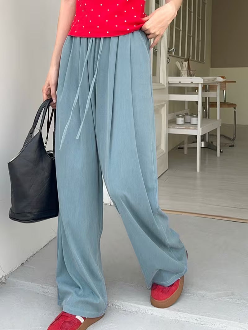 Women's Tencel Washed Denim Pants for Spring Summer - High Waist Straight Leg Jeans, Smooth Lightweight Narrow Wide Leg Trousers, Casual Daily Bottoms with Flowy Draped Fit