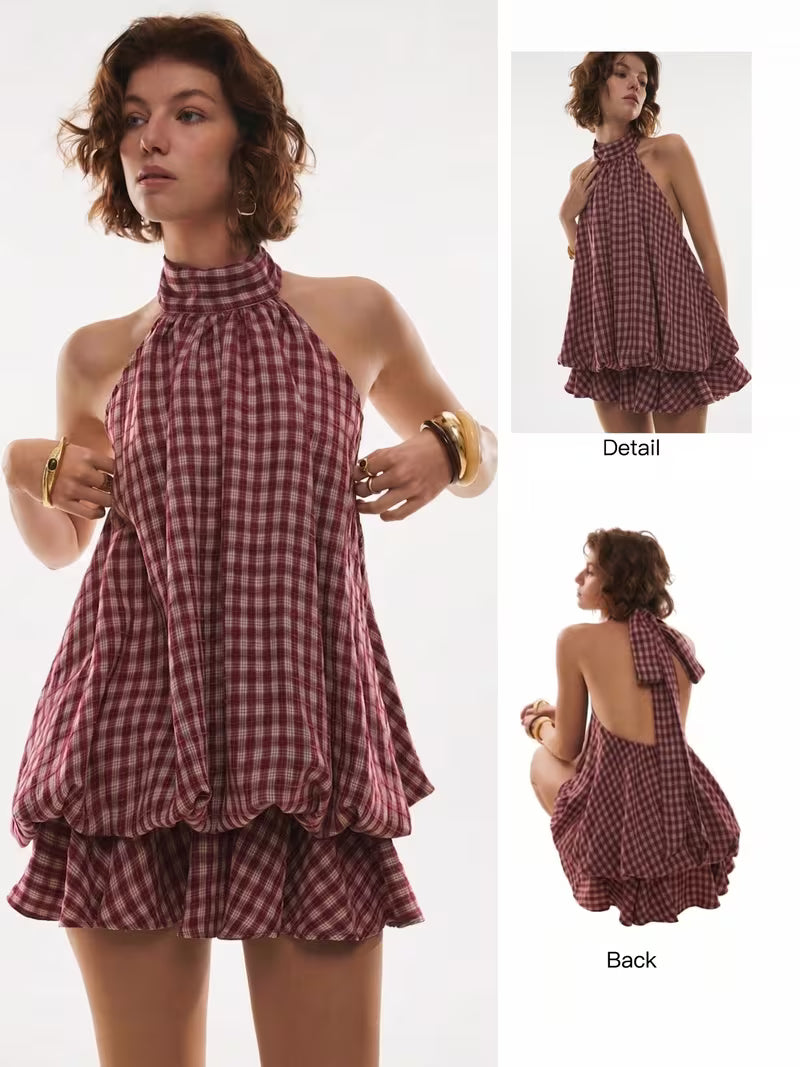 Women'S Fashion Plaid Sleeveless Halter Tie-Back Layered Bud Puff Hem Mini Dress