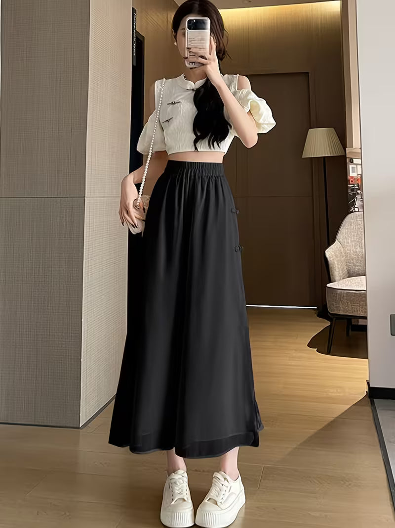 New Chinese Style Chiffon Wide-Leg Pants for Women, Loose-Fitting, Nine-Point Casual Trousers, Lightweight And Flowing Fairy Skirt Pants