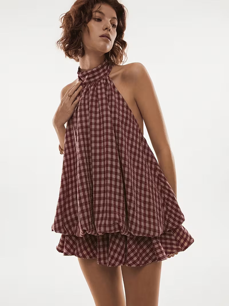 Women'S Fashion Plaid Sleeveless Halter Tie-Back Layered Bud Puff Hem Mini Dress