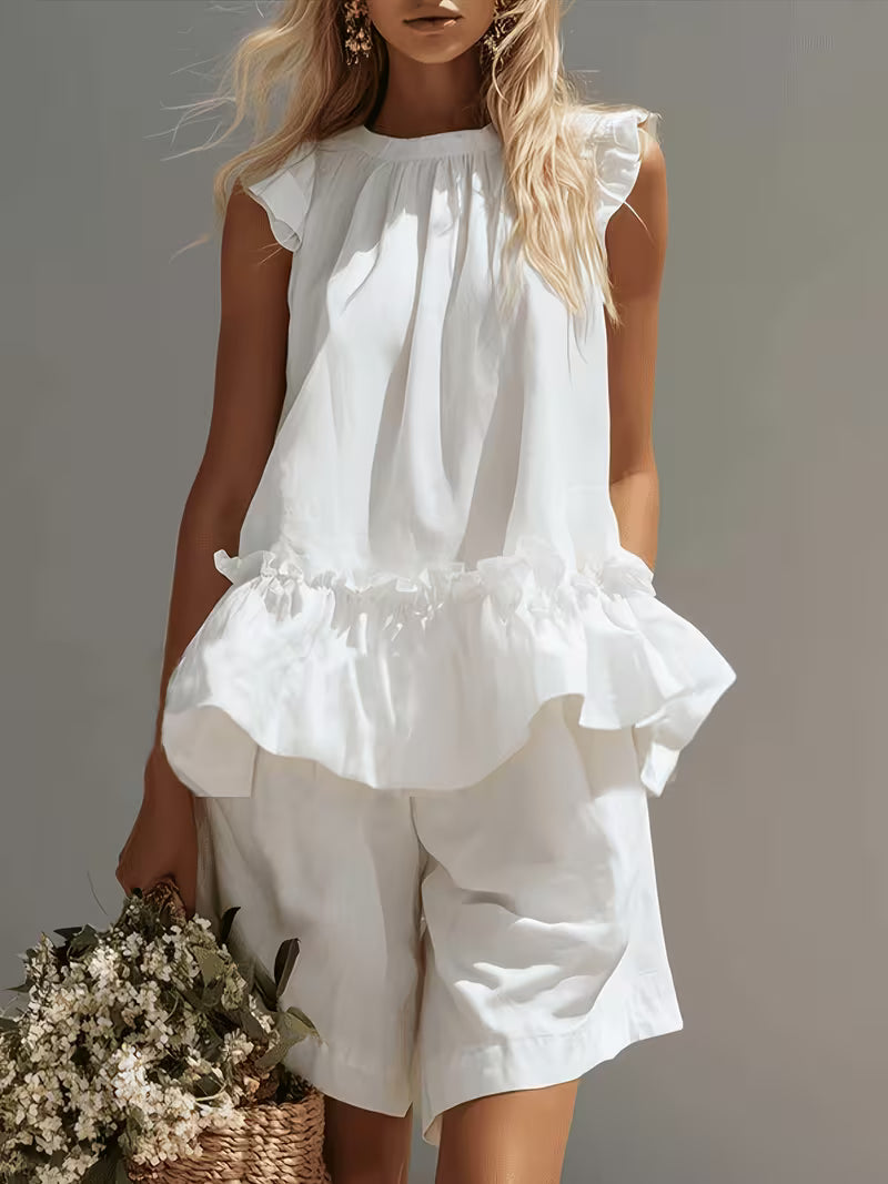 Women's White 2pcs Set - Ruffled Sleeveless Loose Top And High-Waist Shorts, Casual Flowy Summer Outfit