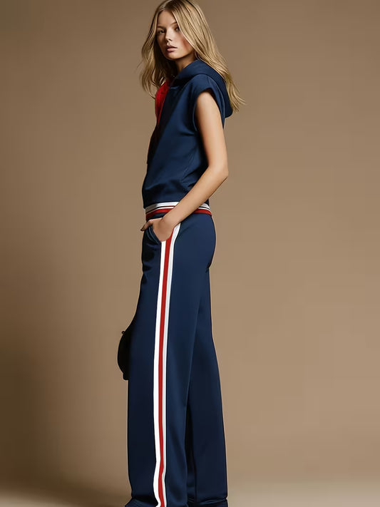 Navy Sleeveless Hooded Sweatshirt Set with Ribbed Hem, Side Stripe Wide-Leg Pants, Retro Casual Two-Piece