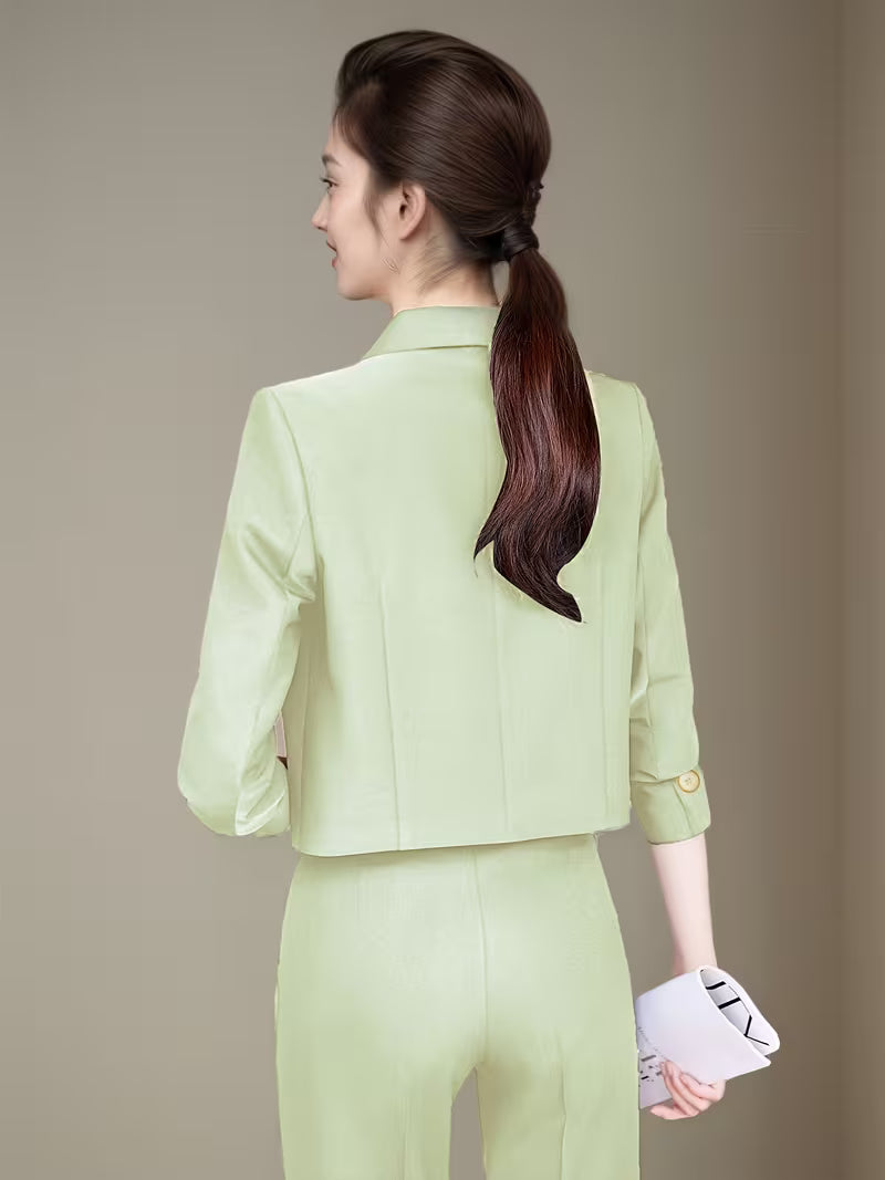 Elegant Short Double-Breasted Blazer and Pants Set for Women, Fashionable Notch Lapel Suit