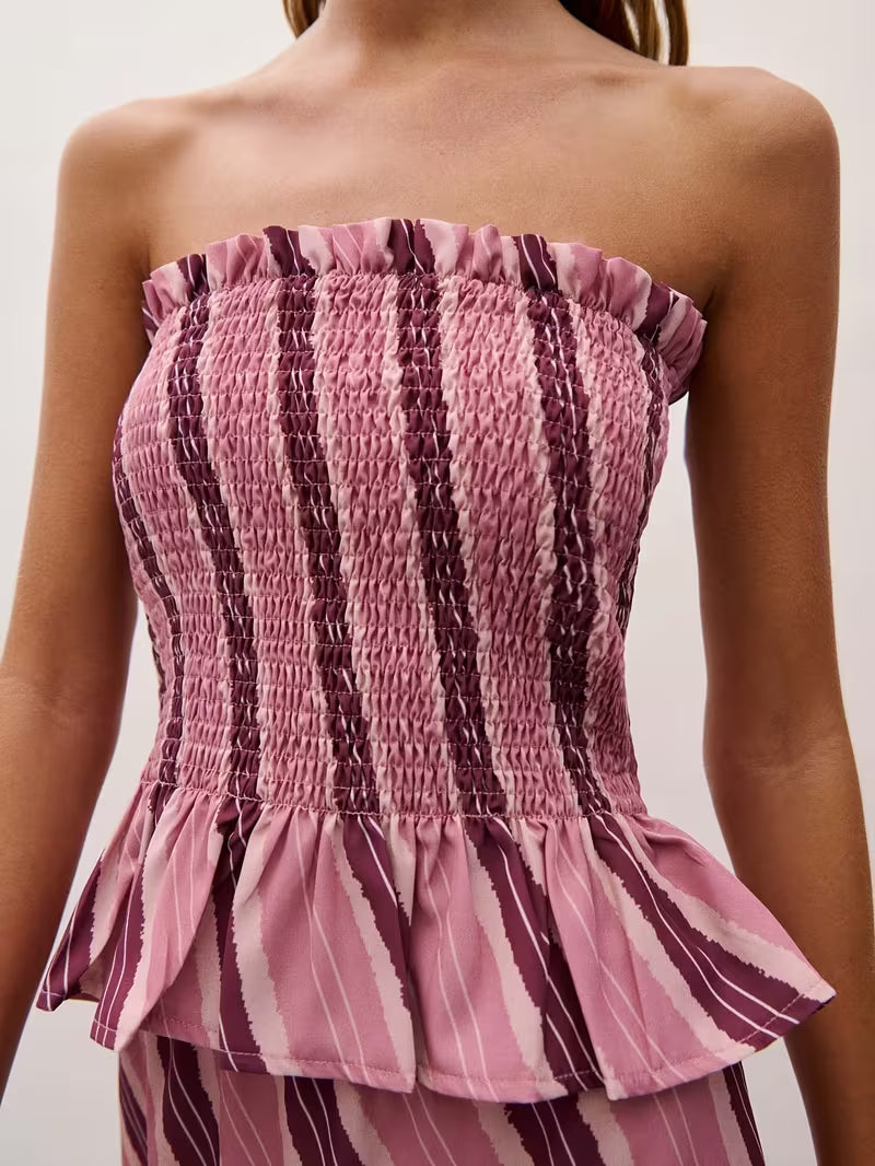 Women's Striped Bandeau Top and Skirt Set, 2pcs Outfit