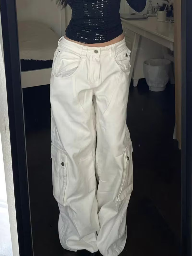 Women's High-Waist Cargo Pants - Wide Leg Trousers with Extra-Long Floor Sweeping Hem, Multi-Pocket, Loose Hip Concealing Straight Leg