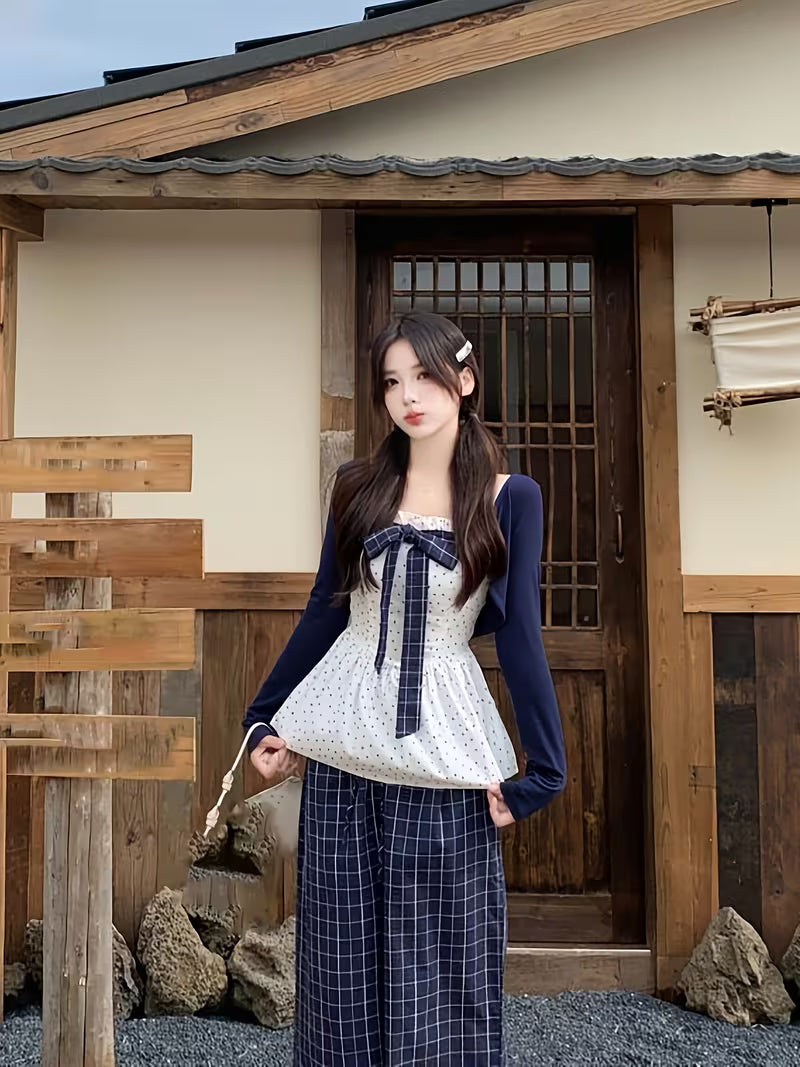New Spring/Autumn Korean Style Chic Casual Tummy Cover Elegant Outfit Cardigan Bow Top Women's 2pcs Set