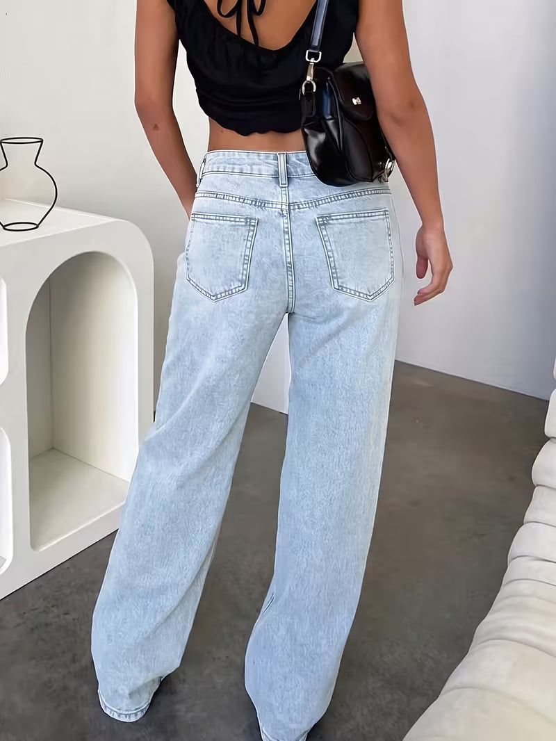 Women'S Denim Trousers, Light Blue Washed Mid-High Waist Wide-Leg Jeans, Loose Fit, Straight Leg, And Flattering, Versatile And Casual Cropped Trousers