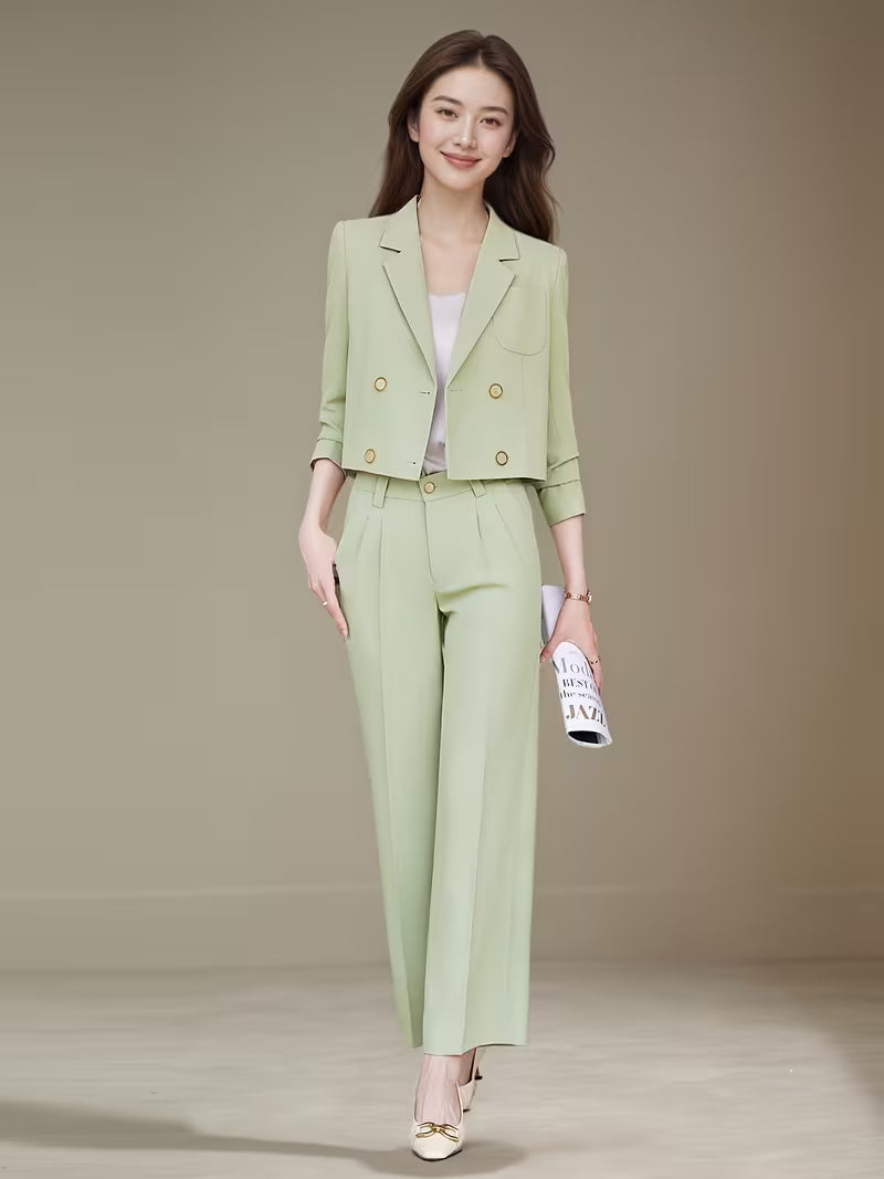 Elegant Short Double-Breasted Blazer and Pants Set for Women, Fashionable Notch Lapel Suit