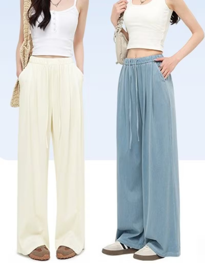Women's Tencel Washed Denim Pants for Spring Summer - High Waist Straight Leg Jeans, Smooth Lightweight Narrow Wide Leg Trousers, Casual Daily Bottoms with Flowy Draped Fit