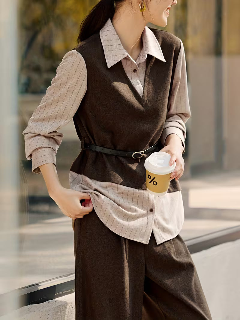 Trousers Women'S Spring And Summer New Pants Suit Commuter Versatile Casual Autumn And Winter Women'S New Striped Shirt Collar Fake Two-Piece Top Pants Set