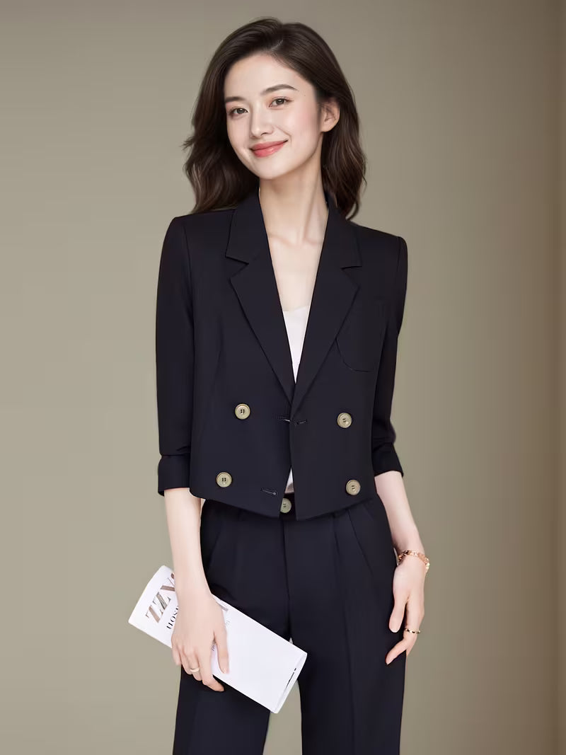 Elegant Short Double-Breasted Blazer and Pants Set for Women, Fashionable Notch Lapel Suit