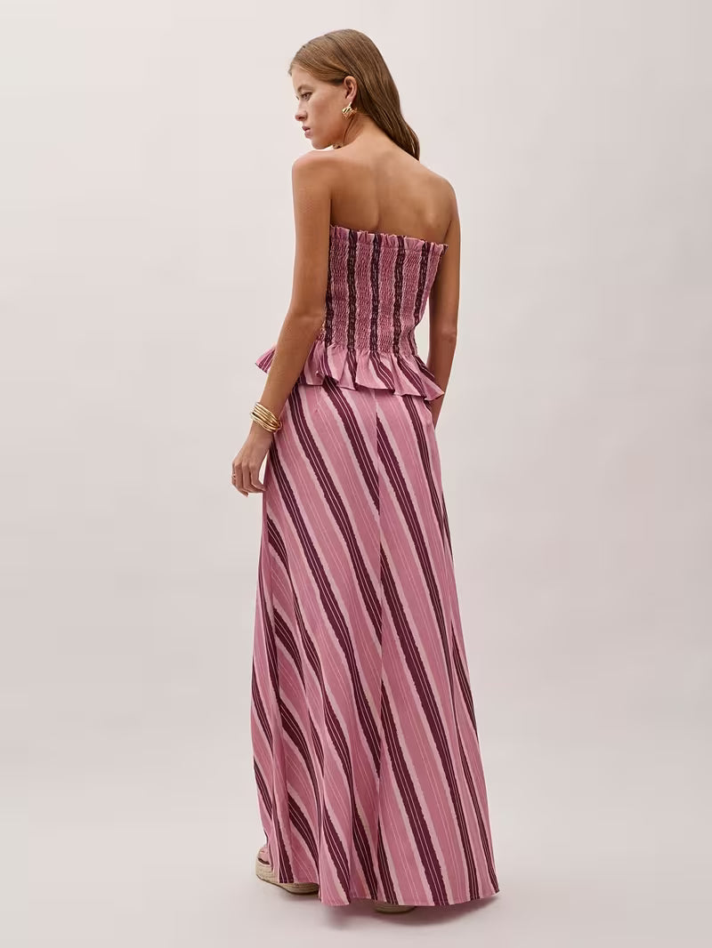 Women's Striped Bandeau Top and Skirt Set, 2pcs Outfit