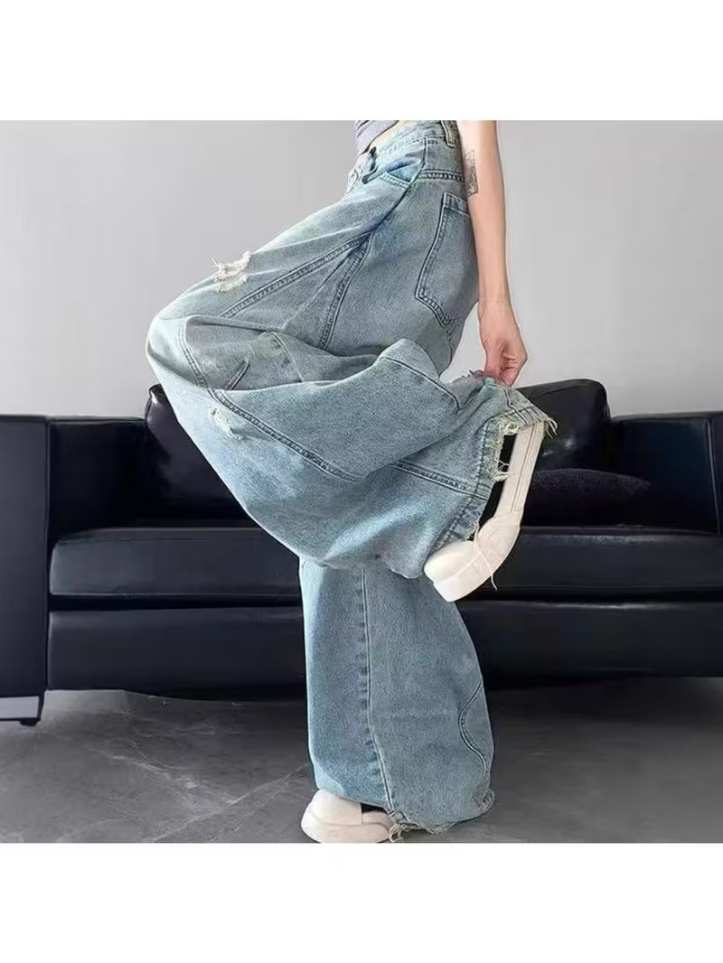 American Retro Ripped Wide Leg Jeans for Women in Spring And Autumn, High Waist, Loose Fit, And Drooping Curved Knife Pants
