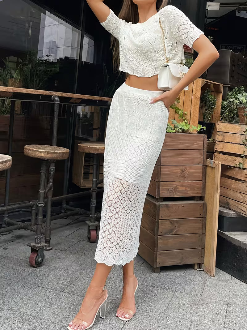 Women'S Short-Sleeved High-Waisted Hip-Hugging Slim-Fit Temperament Gentle Sweet Skirt Two-Piece Set