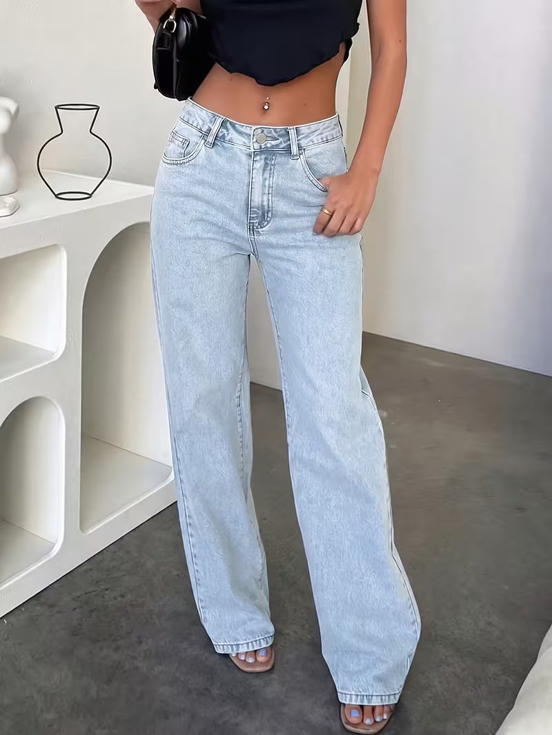 Women'S Denim Trousers, Light Blue Washed Mid-High Waist Wide-Leg Jeans, Loose Fit, Straight Leg, And Flattering, Versatile And Casual Cropped Trousers