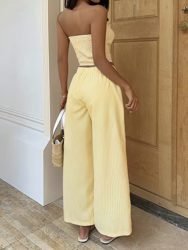 Yellow Striped Bandeau Top and High-Waist Leggings Set, Fashionable and Versatile Street Style Vacation Outfit
