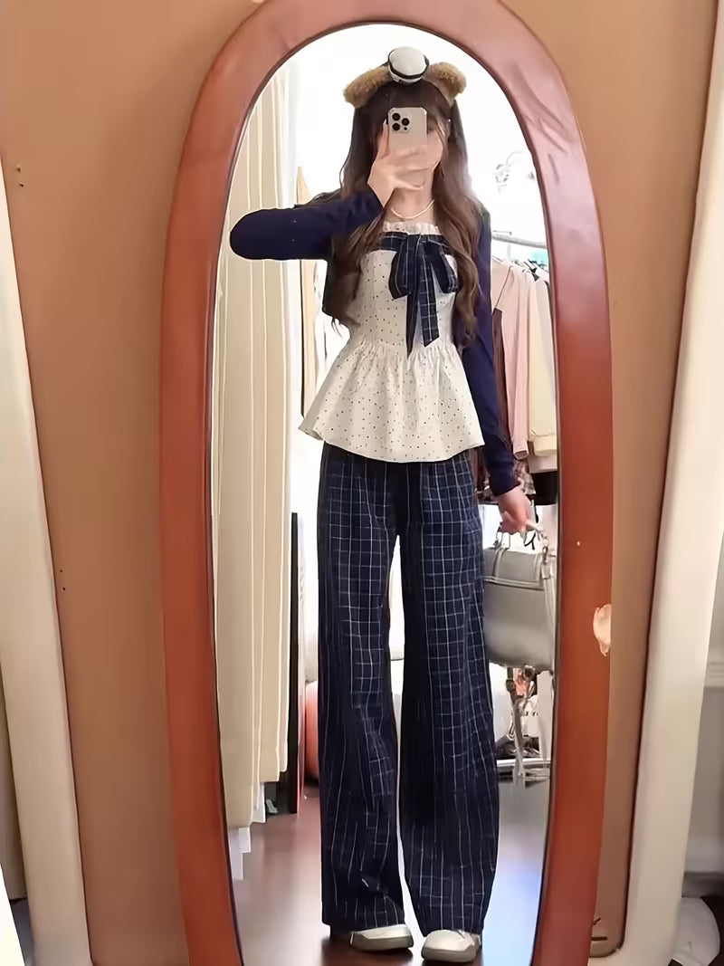 New Spring/Autumn Korean Style Chic Casual Tummy Cover Elegant Outfit Cardigan Bow Top Women's 2pcs Set