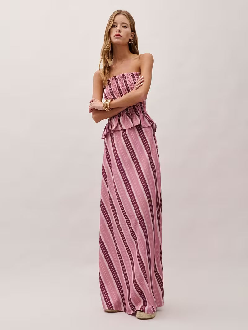 Women's Striped Bandeau Top and Skirt Set, 2pcs Outfit