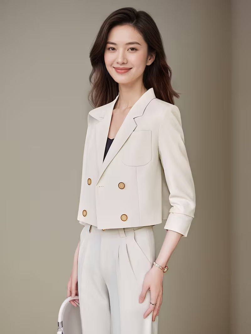Elegant Short Double-Breasted Blazer and Pants Set for Women, Fashionable Notch Lapel Suit