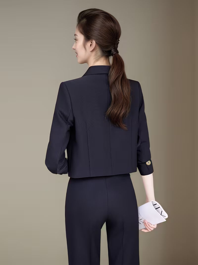 Elegant Short Double-Breasted Blazer and Pants Set for Women, Fashionable Notch Lapel Suit
