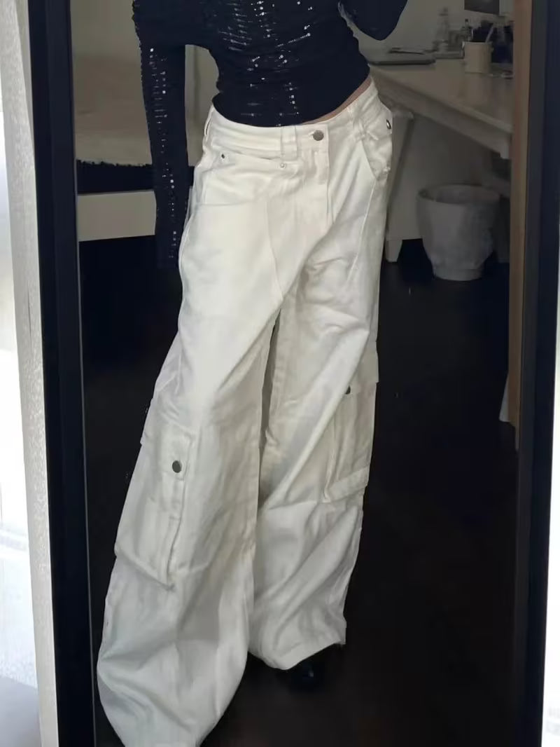 Women's High-Waist Cargo Pants - Wide Leg Trousers with Extra-Long Floor Sweeping Hem, Multi-Pocket, Loose Hip Concealing Straight Leg