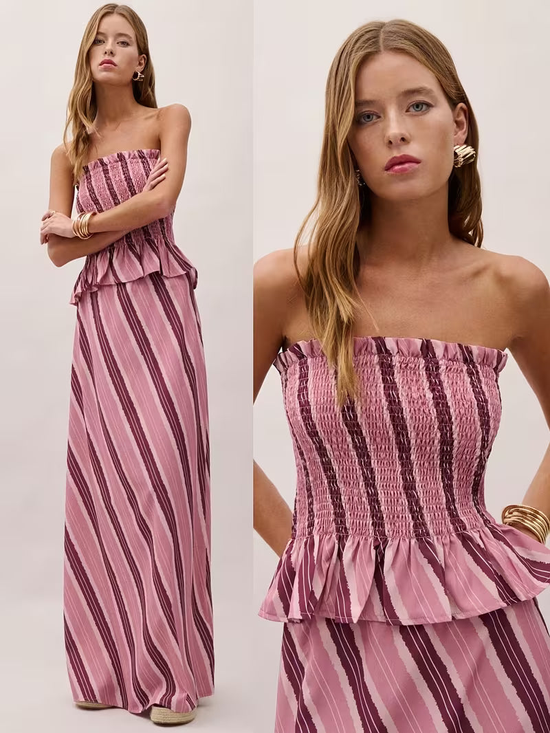 Women's Striped Bandeau Top and Skirt Set, 2pcs Outfit