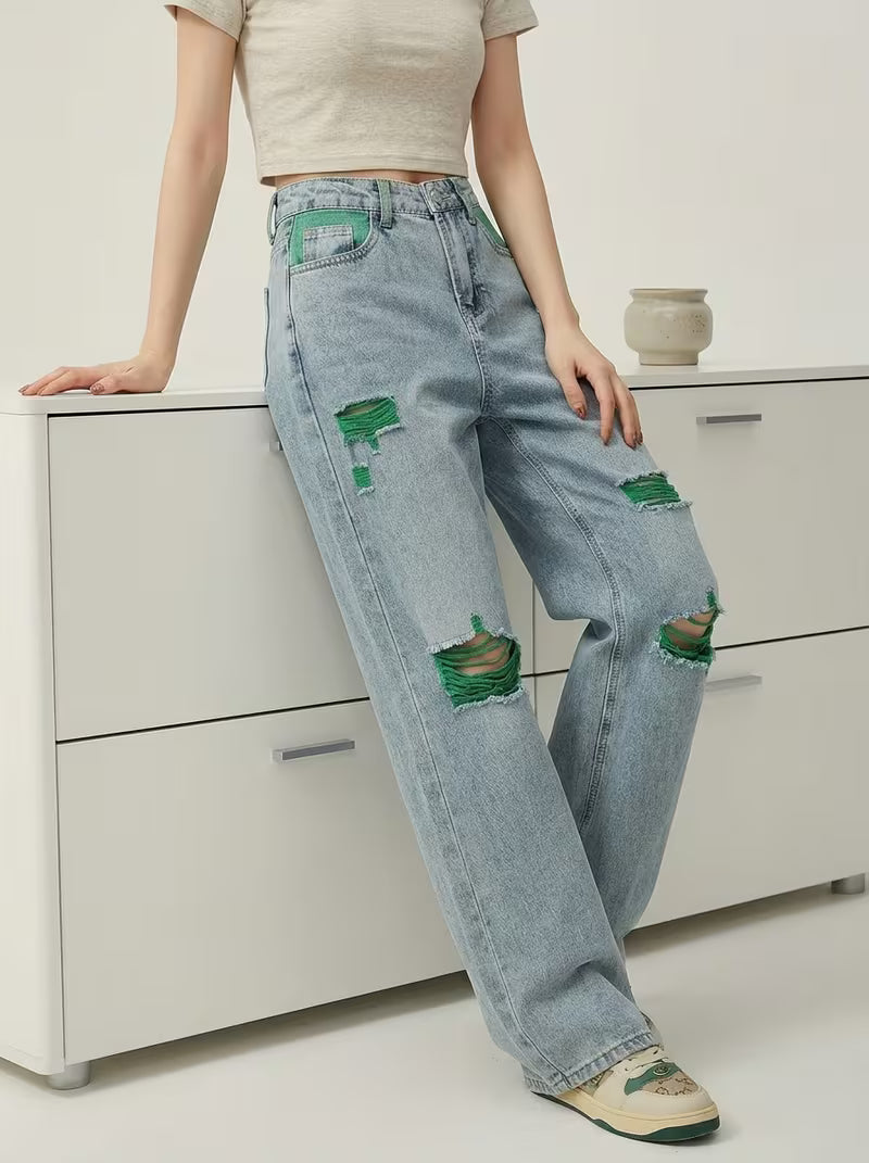 Vintage Straight-Leg Jeans for Women, Featuring Distressed Green Long Pants with Holes, a Half-Elastic Waistband, Embodying Street Style