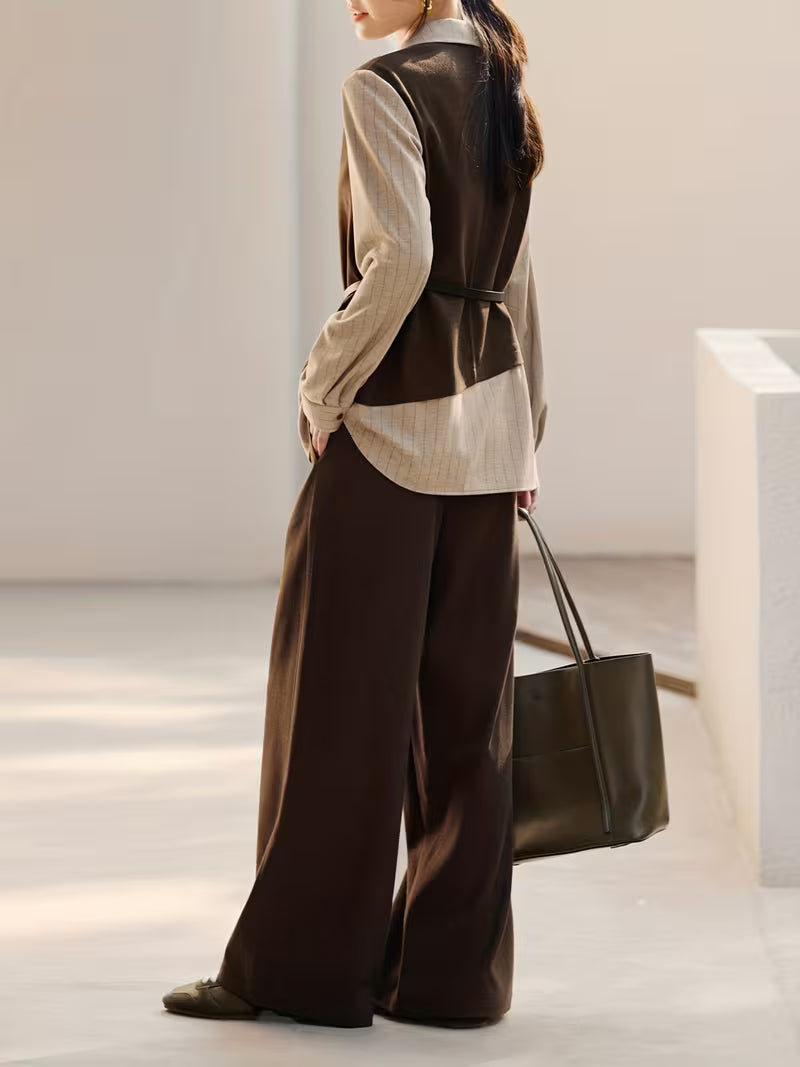Trousers Women'S Spring And Summer New Pants Suit Commuter Versatile Casual Autumn And Winter Women'S New Striped Shirt Collar Fake Two-Piece Top Pants Set