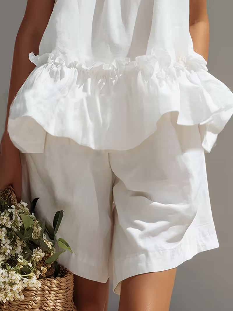 Women's White 2pcs Set - Ruffled Sleeveless Loose Top And High-Waist Shorts, Casual Flowy Summer Outfit