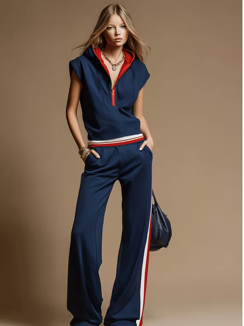 Navy Sleeveless Hooded Sweatshirt Set with Ribbed Hem, Side Stripe Wide-Leg Pants, Retro Casual Two-Piece
